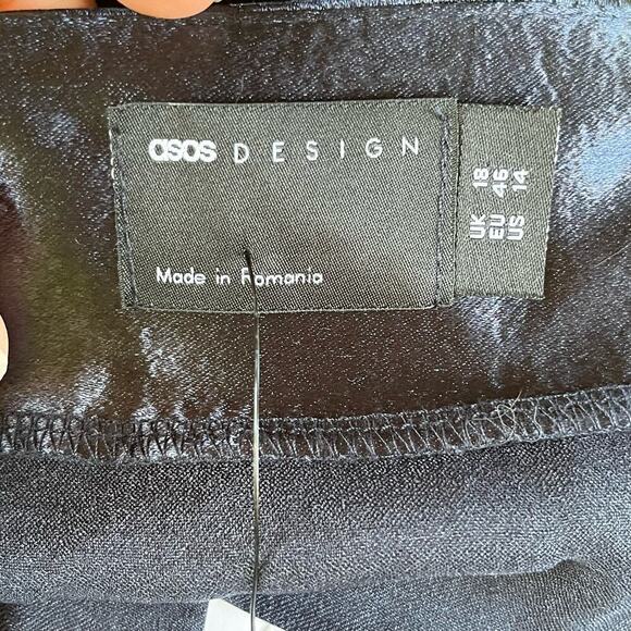 ASOS DESIGN Cowl Neck Mini Dress With Drape Skirt Blue Satin Size 14. NEW - Picture 13 of 15